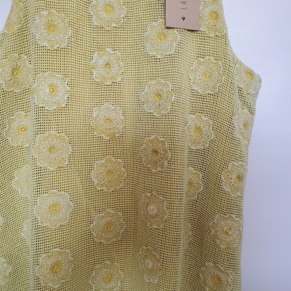LANGUAGE DRESS SLEEVELESS FRINGE MUSTARD YELLOW EMBROIDERED FLORAL WOMANS ( XL ) - Picture 6 of 15